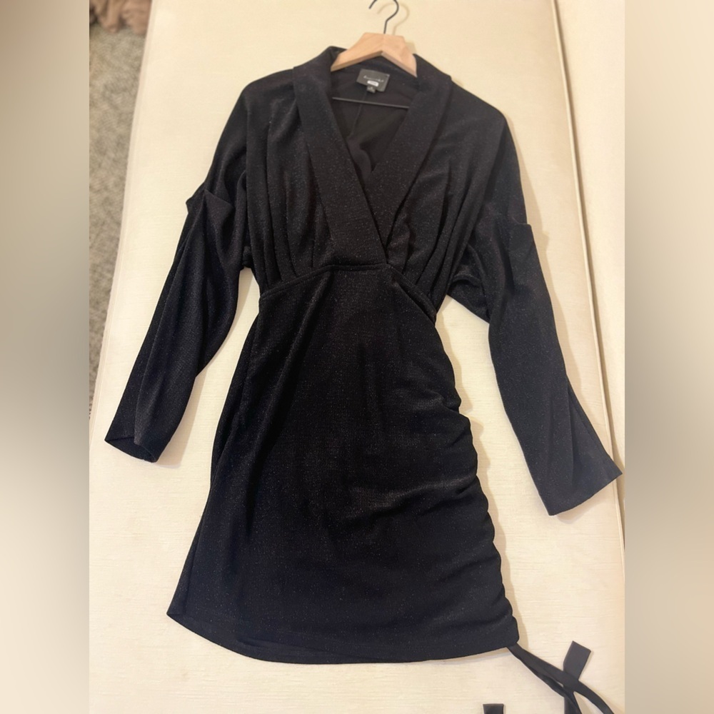 Line and Dot Black Shimmer Mini Dress Ruched Deep V Dark Feminine 90s Glam